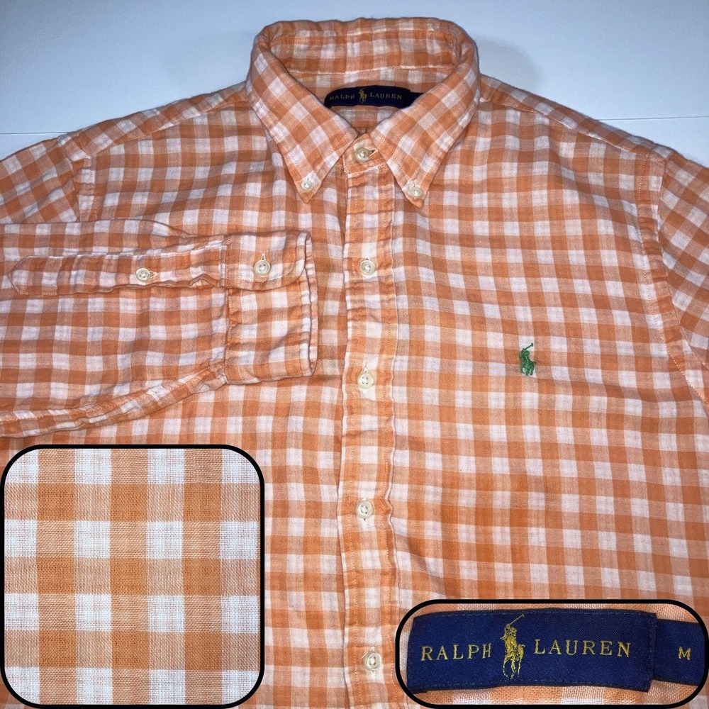 Polo Ralph Lauren Shirt Mens M Orange Plaid Button Down Long Sleeve